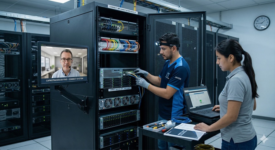 Técnicos configurando la infraestructura durante la implementación de la app