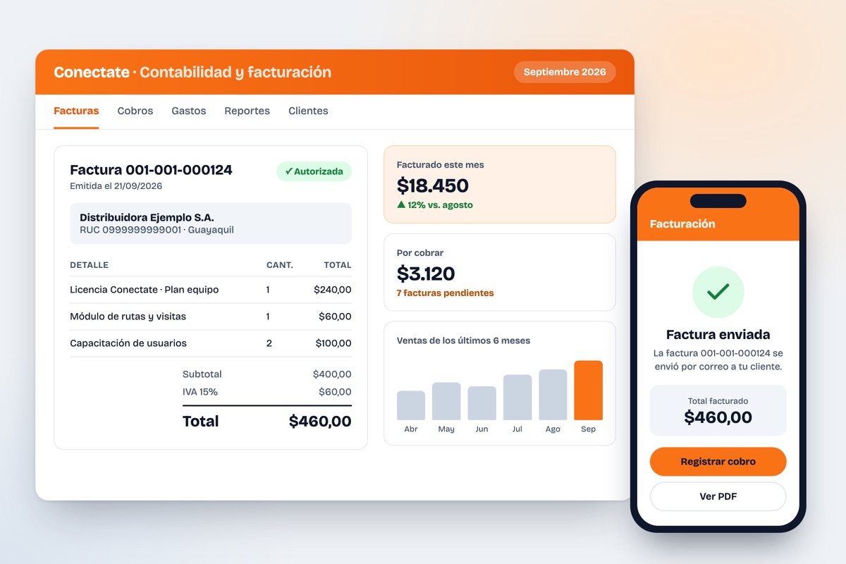 Módulo de contabilidad y facturación de Conectate: factura autorizada, total facturado del mes y aviso de factura enviada en el celular