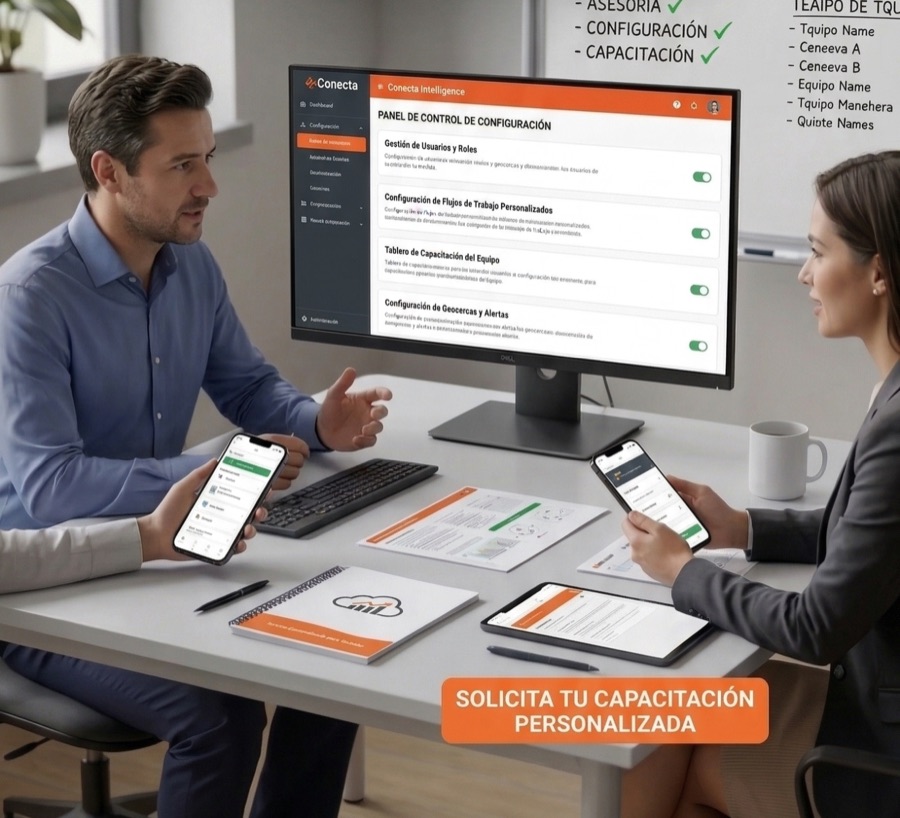 Asesoría estratégica revisando el panel de configuración de Conectate en computadora y celular